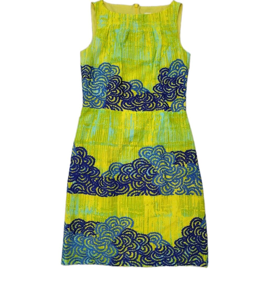 Anthropologie Tabitha Azure Scroll Sheath Dress Yellow Blue Size 2 $245